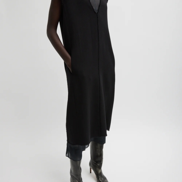 Tibi Black Melee Crepe V-Neck Dress With Organza Lining, 2 - Picture 2 of 14